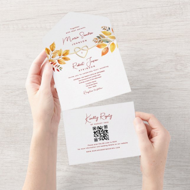 Invitation Tout En Un Boho de automne Mariage orange Bourgogne (Déchirure)