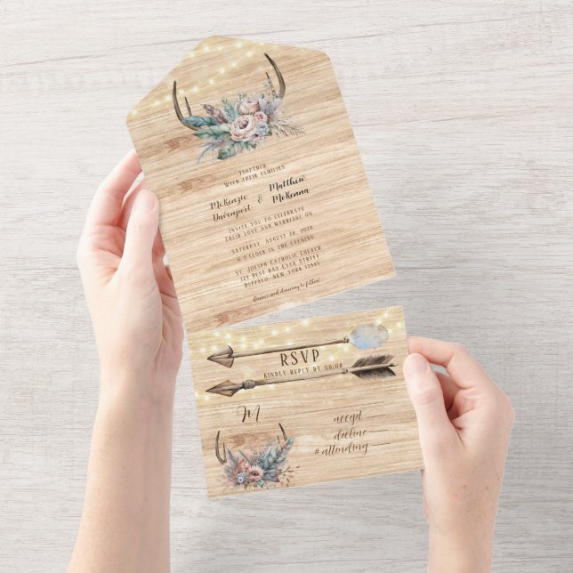 Invitation Tout En Un Boho Deer Antler Floral Mariage (Déchirure)