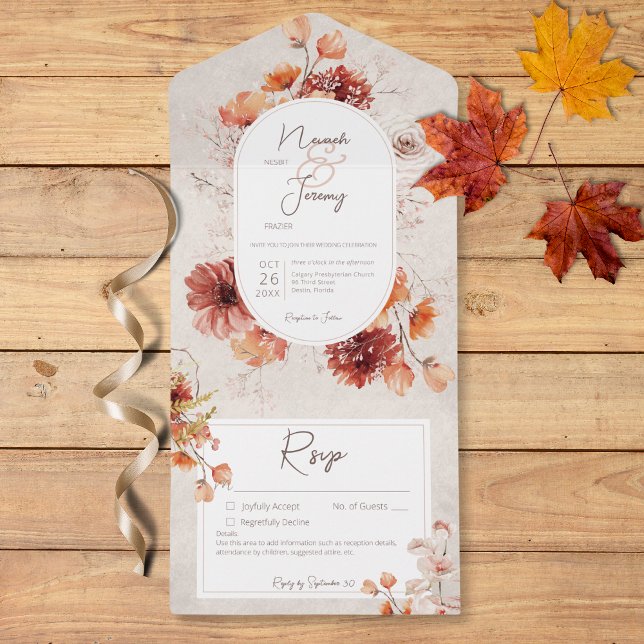 Invitation Tout En Un Boho Distressed Cream Rust Fall Floral Détails (Boho Distressed Cream Rust Fall Floral Details All In One Invitation)