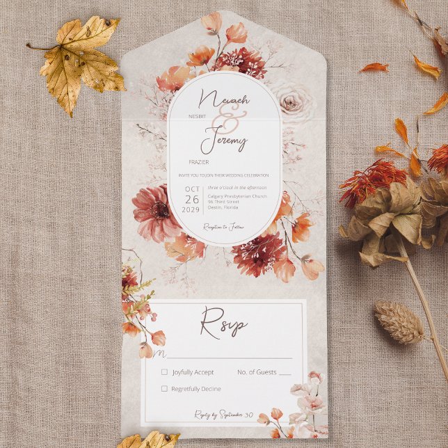Invitation Tout En Un Boho Distressed Crème Rouille Chute Florale Pas de (Créateur téléchargé)