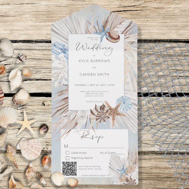 Invitation Tout En Un Boho Dusty Blue Beach Code QR rustique (Créateur téléchargé)