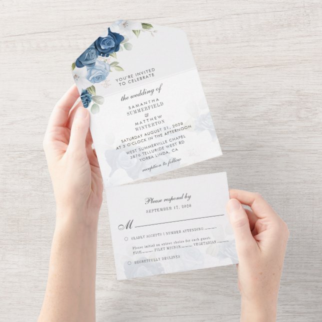 Invitation Tout En Un Boho Dusty Blue Floral Mariage (Déchirure)