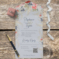 Boho Dusty Blue & Rose Floral Blue QR Code