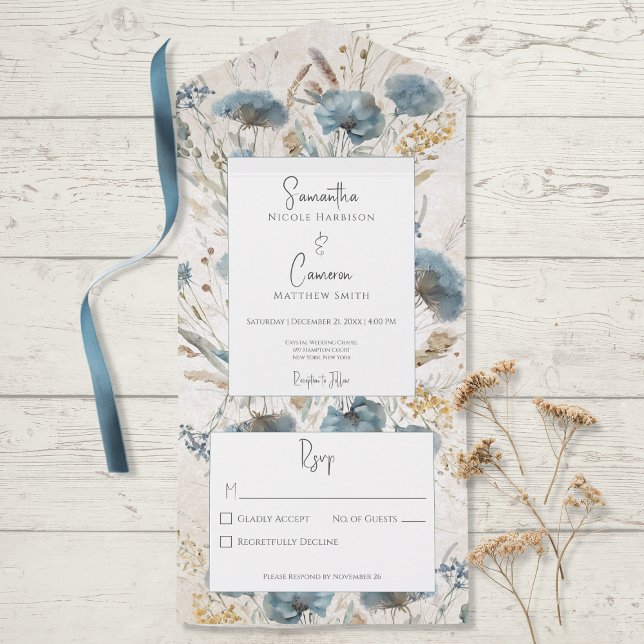 Invitation Tout En Un Boho Dusty Blue & Tan Floral Monogramme Pas de dîn (Créateur téléchargé)