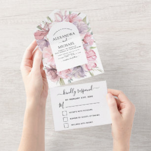 Invitation Tout En Un Boho Dusty Floral rose violet mariage RSVP