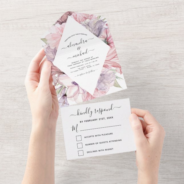 Invitation Tout En Un Boho Dusty rose violet mariage RSVP (Déchirure)