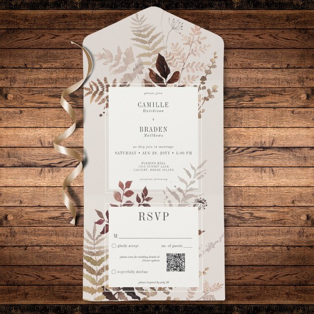 Invitation Tout En Un Boho Fall Brown Botanical Mariage QR Code (Modern Autumn Brown Ferns & Leaves QR Code All In One Invitation)