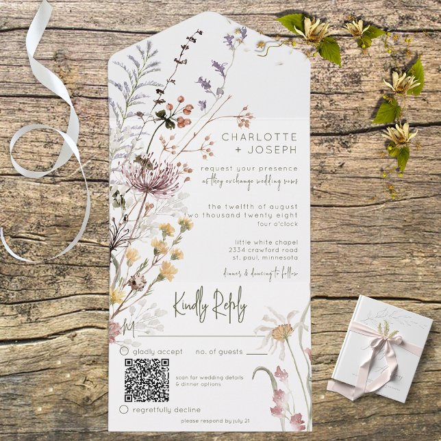 Invitation Tout En Un Boho Fleur sauvage moderne QR Code (Créateur téléchargé)