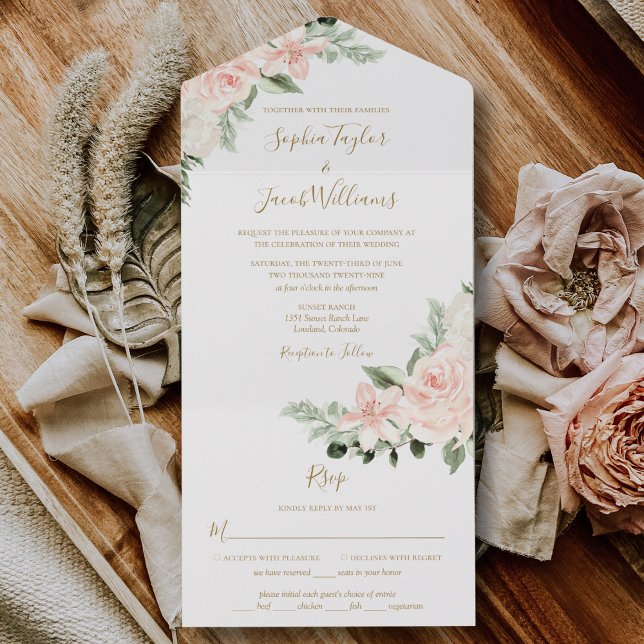 Invitation Tout En Un Boho Floral Blush Pink et Sage Green Mariage (Créateur téléchargé)