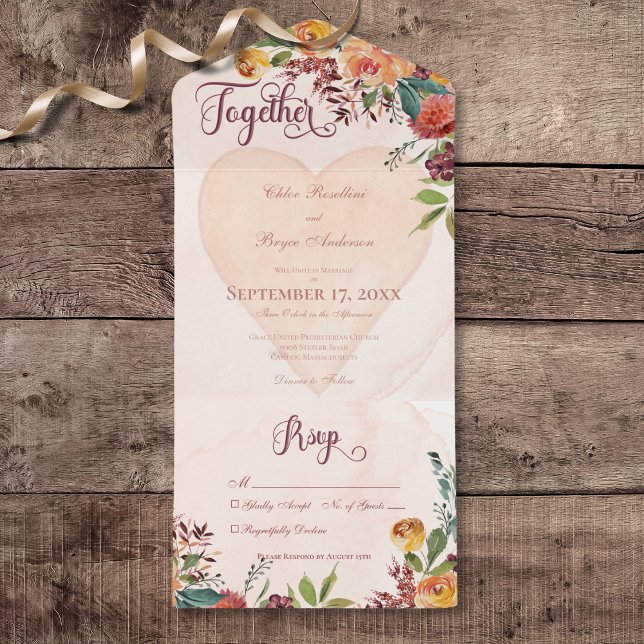 Invitation Tout En Un Boho Floral Coeur Pêcher Bijou Pas de dîner (Floral Boho Heart Peach Jewel All In One Wedding Invitation without Dinner Options)