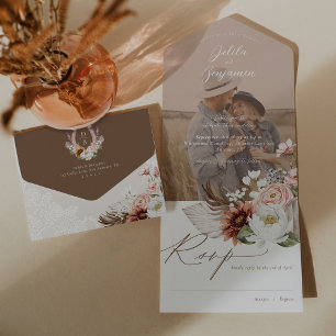 Invitation Tout En Un Boho Floral Country Western Monogramme Photo Maria