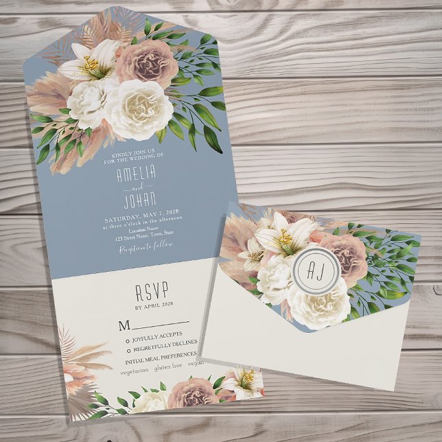 Invitation Tout En Un Boho Floral Dusty Blue Mariage moderne (Créateur téléchargé)