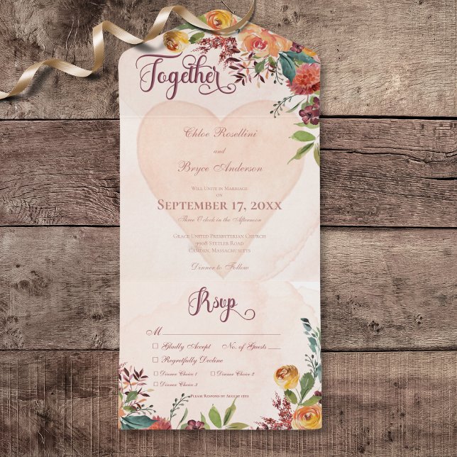 Invitation Tout En Un Boho Floral Heart Peach Jewel Diner (Floral Boho Heart Peach Jewel All In One Wedding Invitation with Dinner Selection Options)