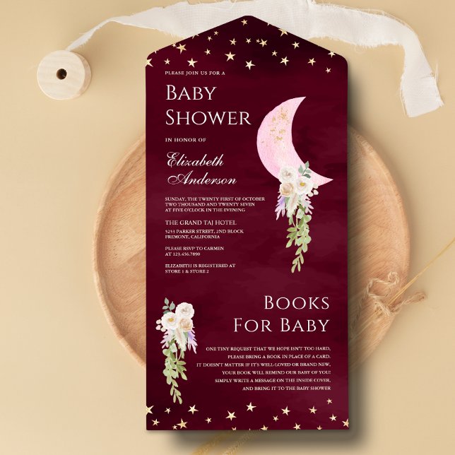 Invitation Tout En Un Boho Floral rose Lune Bourgogne Baby shower (Créateur téléchargé)