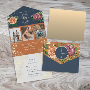 Invitation Tout En Un Boho Flowers Orange Navy Mariage bleu