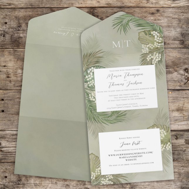 Invitation Tout En Un Boho Foliage Aquarelle Tropical Palm Leave Budget (Créateur téléchargé)