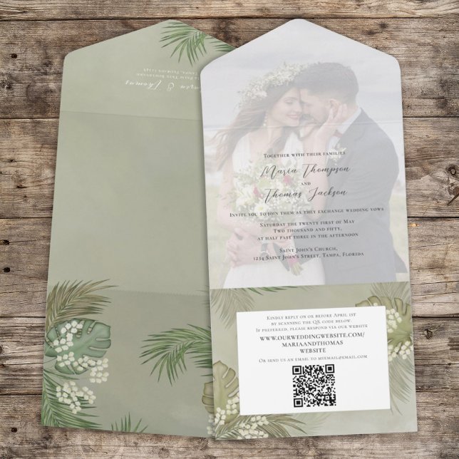 Invitation Tout En Un Boho Foliage Palm Tropical Feuille Photo QR Code (Créateur téléchargé)