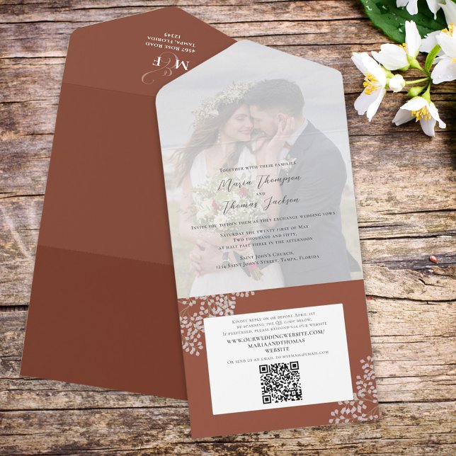 Invitation Tout En Un Boho Foliage Terracotta Photo QR Code Site Web (Créateur téléchargé)