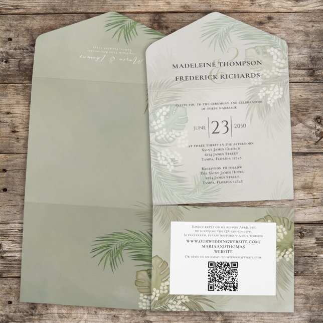 Invitation Tout En Un Boho Foliage Tropical Palm Feuille Budget QR Code (Créateur téléchargé)