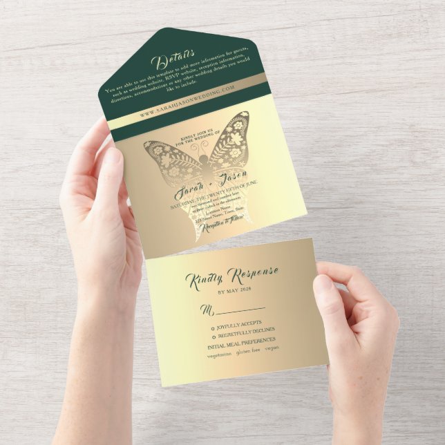 Invitation Tout En Un Boho Gold et Emerald Green Mariage (Déchirure)
