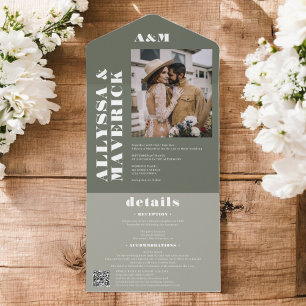 Invitation Tout En Un Boho green Bold simple monogramme photo mariage