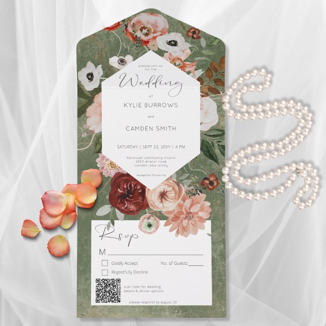 Invitation Tout En Un Boho Green Burgundy Fall Floral QR Code (Créateur téléchargé)