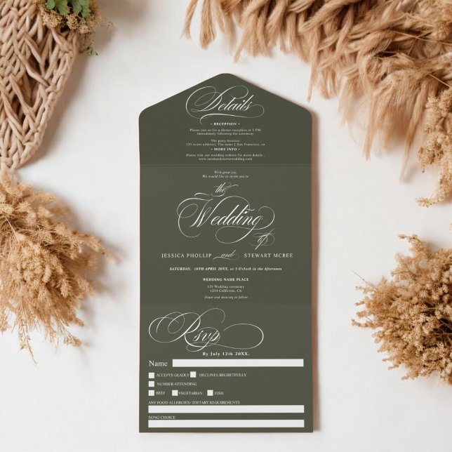 Invitation Tout En Un Boho green élégant script calligraphie mariage (Boho green elegant script calligraphy wedding all in one invitation)