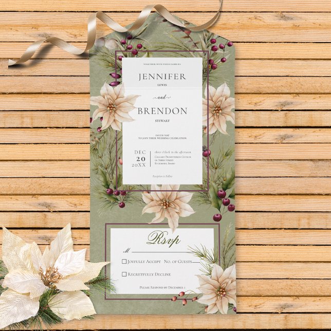 Invitation Tout En Un Boho Hiver Végétation Boughs Sage Vert Pas de dîne (Also available with a QR code, or with dinner selection options.)