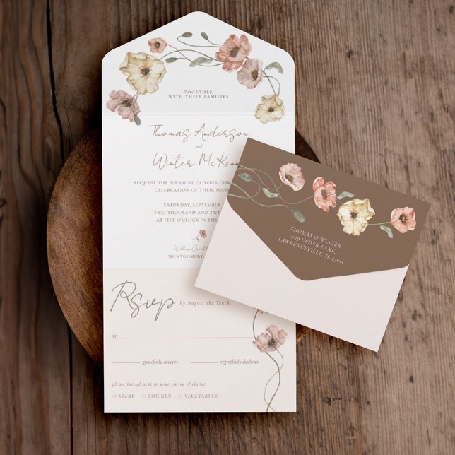 Invitation Tout En Un Boho Islandais Aquarelle Islande Poppy Fleurs (Boho Icelandic Watercolor Iceland Poppy Flowers All In One Invitation)