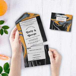 Invitation Tout En Un Boho minimal Noir Or Artistique Mariage Abstrait