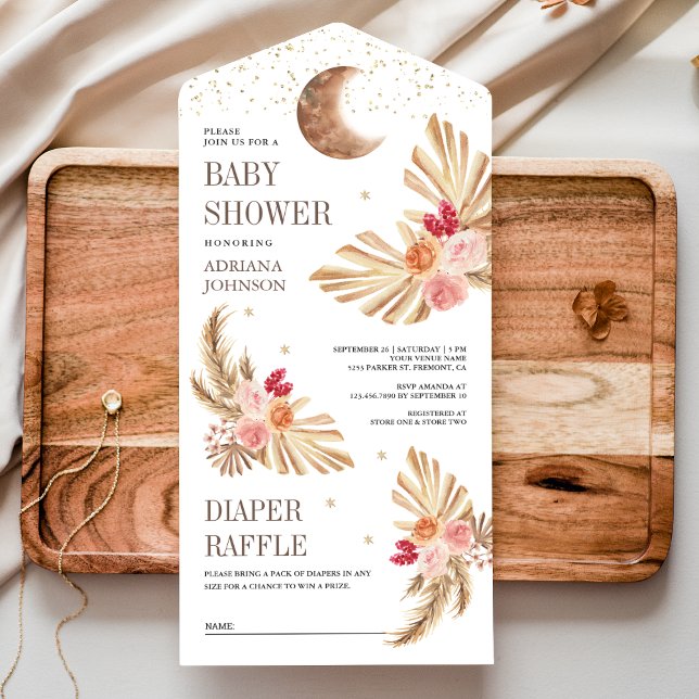 Invitation Tout En Un Boho Moon Palm Terme Baby shower Floral Pampas (Créateur téléchargé)
