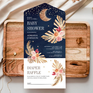 Invitation Tout En Un Boho Moon Terme Floral Pampas Baby shower Marine