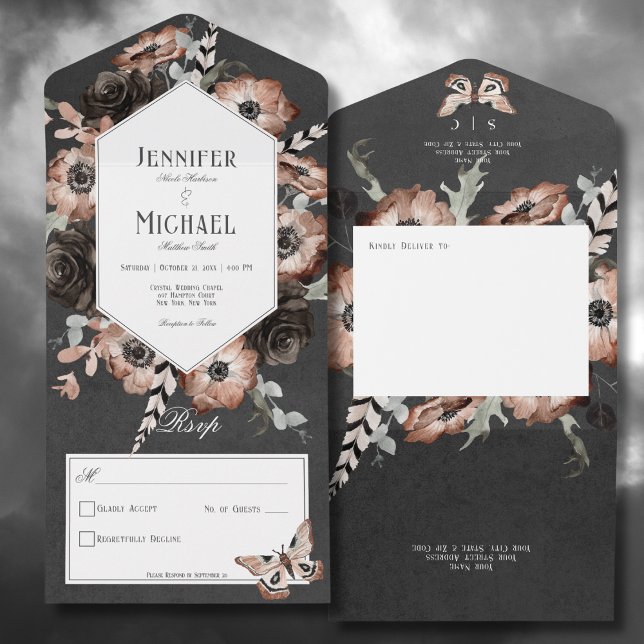 Invitation Tout En Un Boho Moth gothique Noir & Brown Floral Pas de dîne (Gothic Boho Moth Black & Brown Floral All In One Wedding Invitation without Dinner Options)