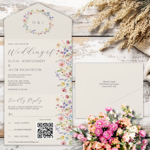 Invitation Tout En Un Boho Neutral Fleur sauvage RSVP et QR Code Mariage