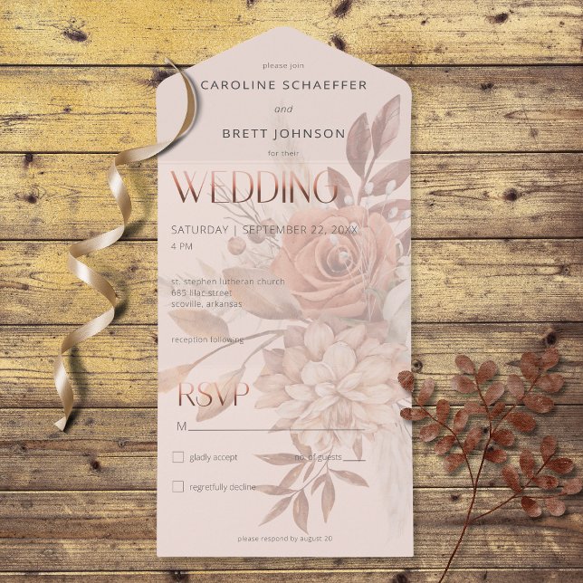 Invitation Tout En Un Boho Neutral Soft Autumn Bouquet Blush No Dinner (Also available with a QR code or with dinner selection options.)