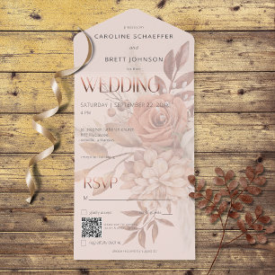 Invitation Tout En Un Boho Neutral Soft Autumn Bouquet Blush QR Code