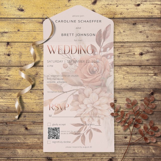 Invitation Tout En Un Boho Neutral Soft Autumn Bouquet Blush QR Code (Also available without a QR code; with or without dinner selection options.)
