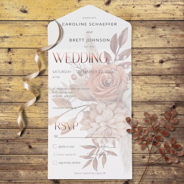 Invitation Tout En Un Boho Neutral Soft Focus Dîner De Bouquet Automne (Also available with a QR code or without dinner selection options.)