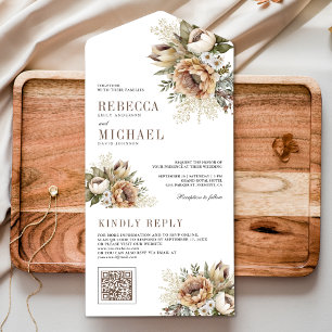 Invitation Tout En Un Boho Neutral Terme Floral Taupe QR Code Mariage