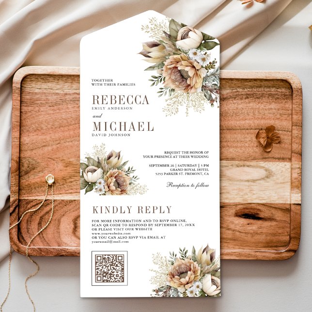 Invitation Tout En Un Boho Neutral Terme Floral Taupe QR Code Mariage (Créateur téléchargé)