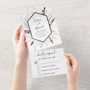 Invitation Tout En Un Boho Noir Blanc Beige Botanique Mariage RSVP