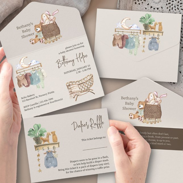 Invitation Tout En Un Boho Nursery Baby shower Book and Diapers (Trifold Baby Shower Invitation. All-in-One design with book request + tear-off Diaper Raffle Ticket)