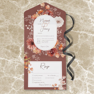 Invitation Tout En Un Boho Orange Brûlé Rouille Automne Floral 3 Dîner