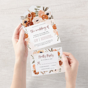 Invitation Tout En Un Boho orange rustique   Mariage blanc aquarelle