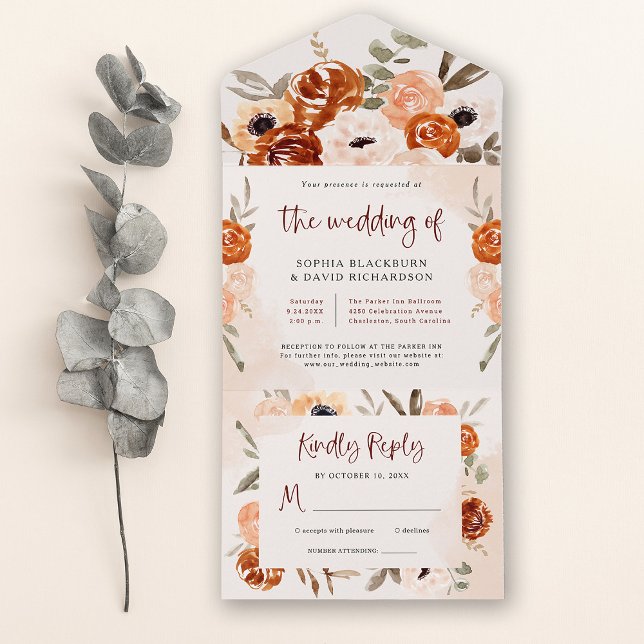 Invitation Tout En Un Boho orange rustique | Mariage d'aquarelle (Créateur téléchargé)