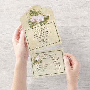 Invitation Tout En Un Boho orchidée florale cadre vert rustique
