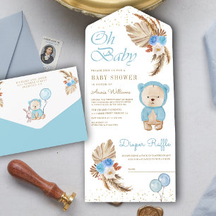 Invitation Tout En Un Boho Pampas Fleur Bleue Ours en Peluche Baby Showe