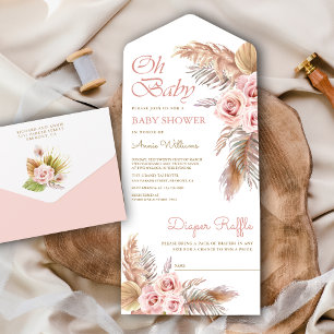 Invitation Tout En Un Boho Pampas Grass Dusty Rose Roses Baby shower