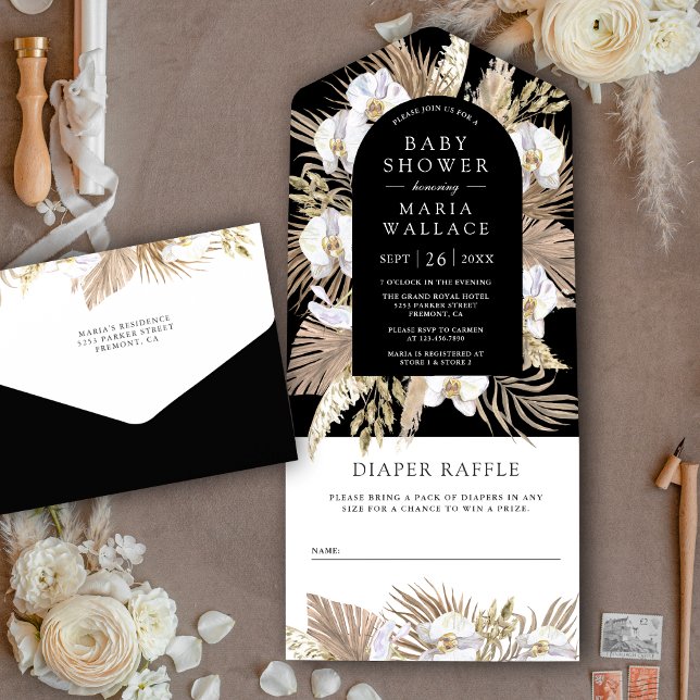 Invitation Tout En Un Boho Pampas Orchidée blanche Baby shower noir (Créateur téléchargé)