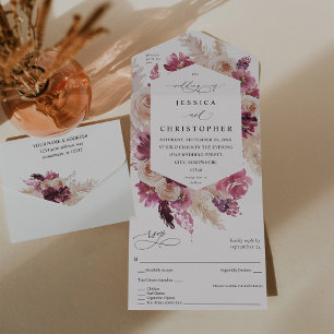 Invitation Tout En Un Boho Pampas rose Mariage de laiton
